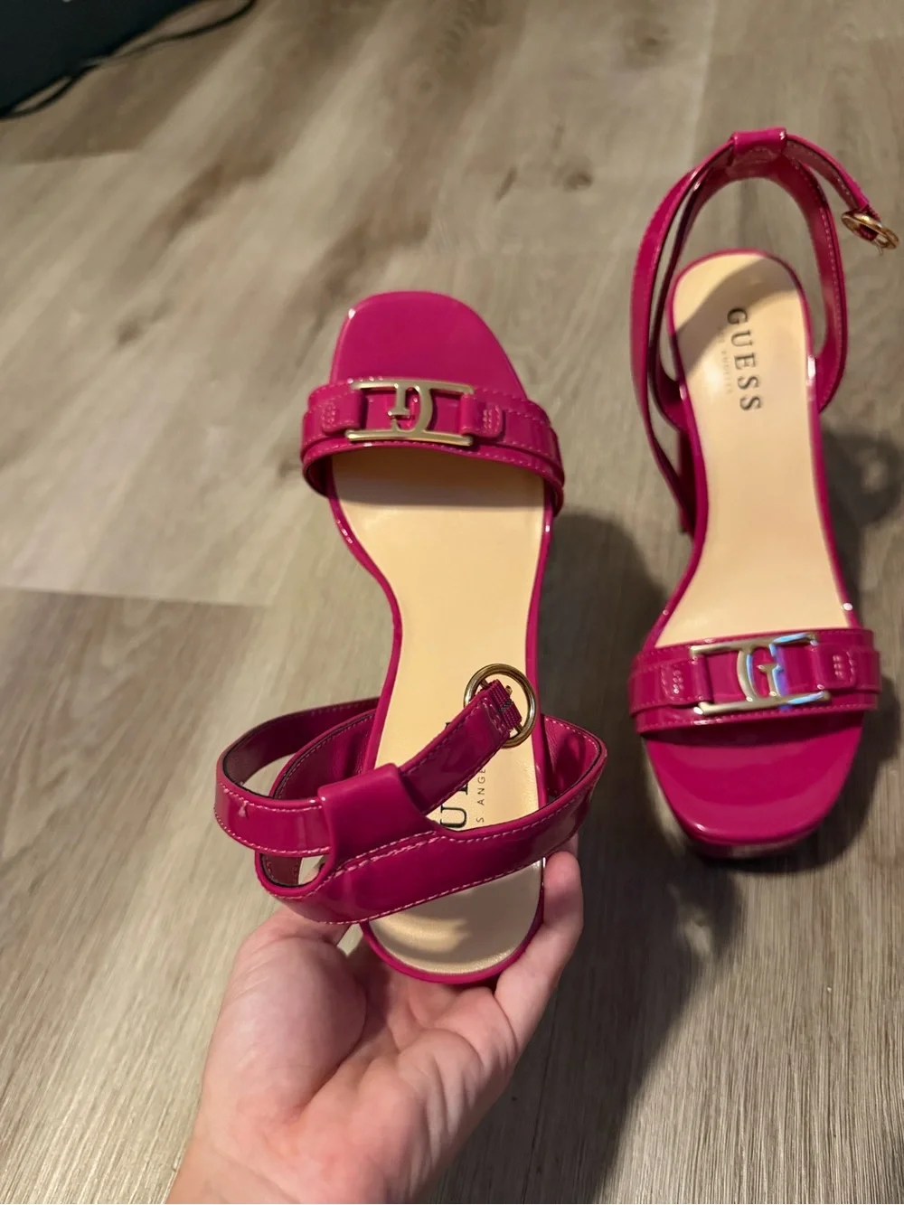 GUESS Fuchsia Patent Ankle-Strap Heeled Sandals
